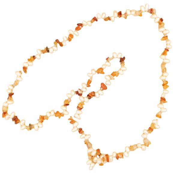 Vintage 90s Orange Citrine Cream Pearl Stone Necklace - Picture 4 of 5